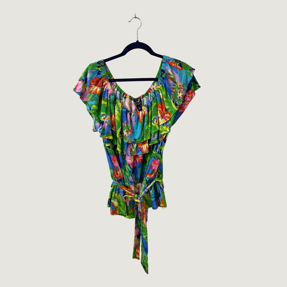 Lauren Ralph Lauren Linen Blend Tropical Floral Ruffle Top Green Blue Coastal L